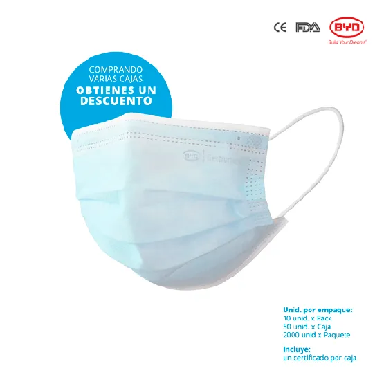 BYD MASCARILLA QUIRURGICA / EN 14683 TYPE IIR CE / ASTM F-2100 LEVEL II (1caja=50unid)